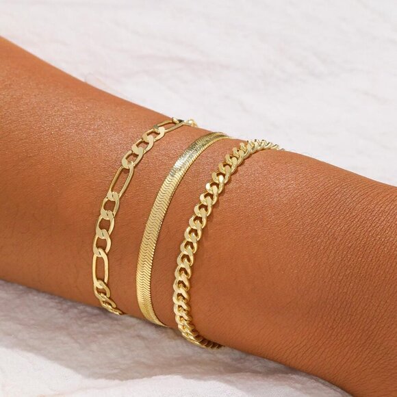 Gold Bracelet Set for Women Layered Chain Link Herringbone Adjustable Jewelry - Picture 3 of 7